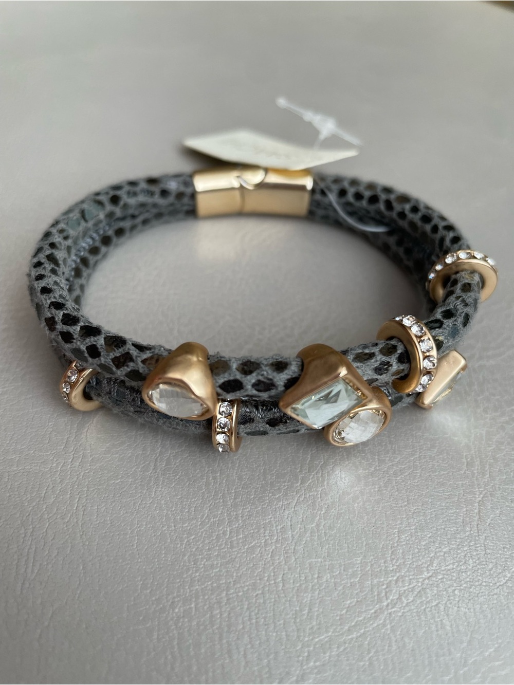SAACHI Grey Textured Double-Strand Bracelet with Gold Accents and Clear Crystals